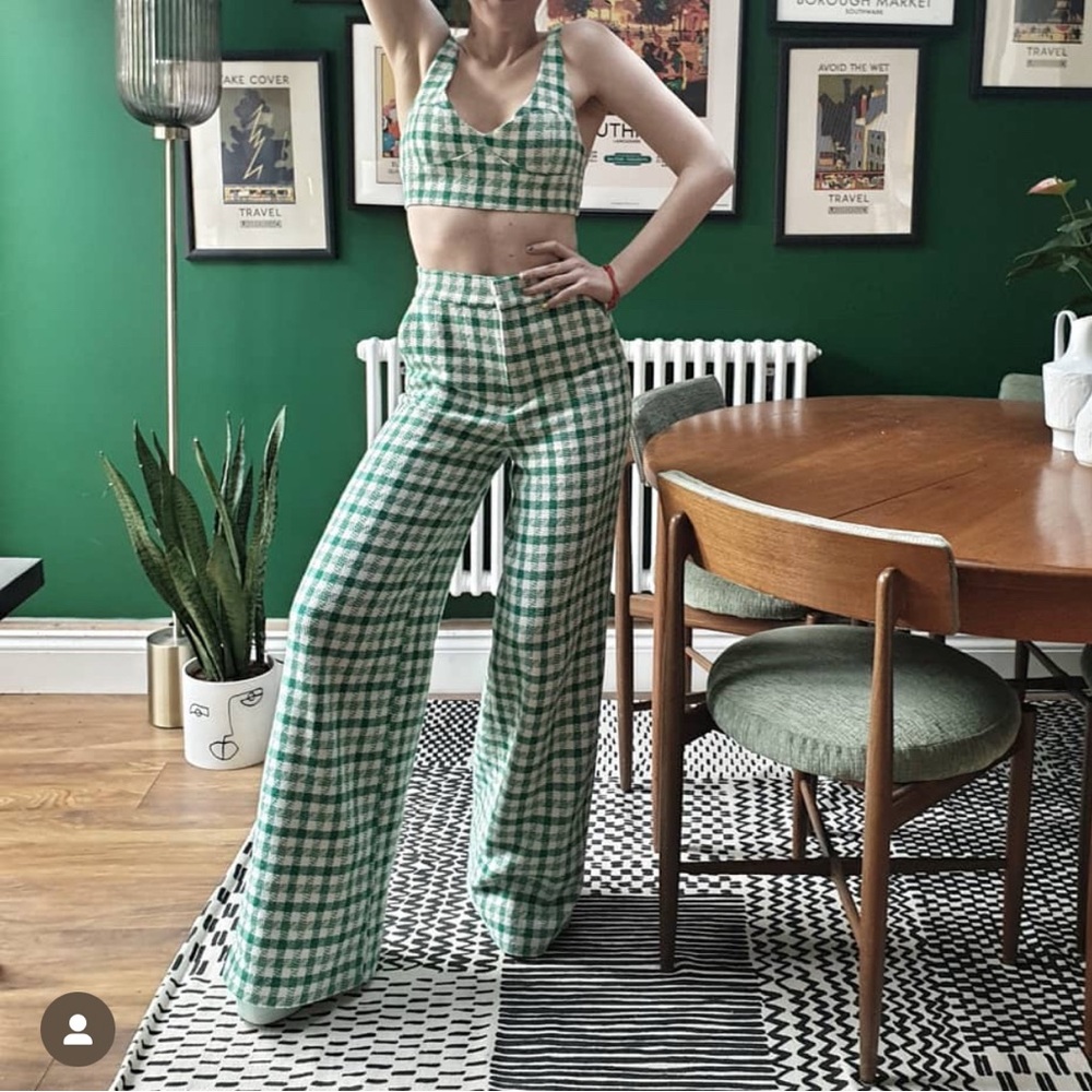 Retro Inspired High Waist Green Plaid Wide Leg Pants Zara Extra Small